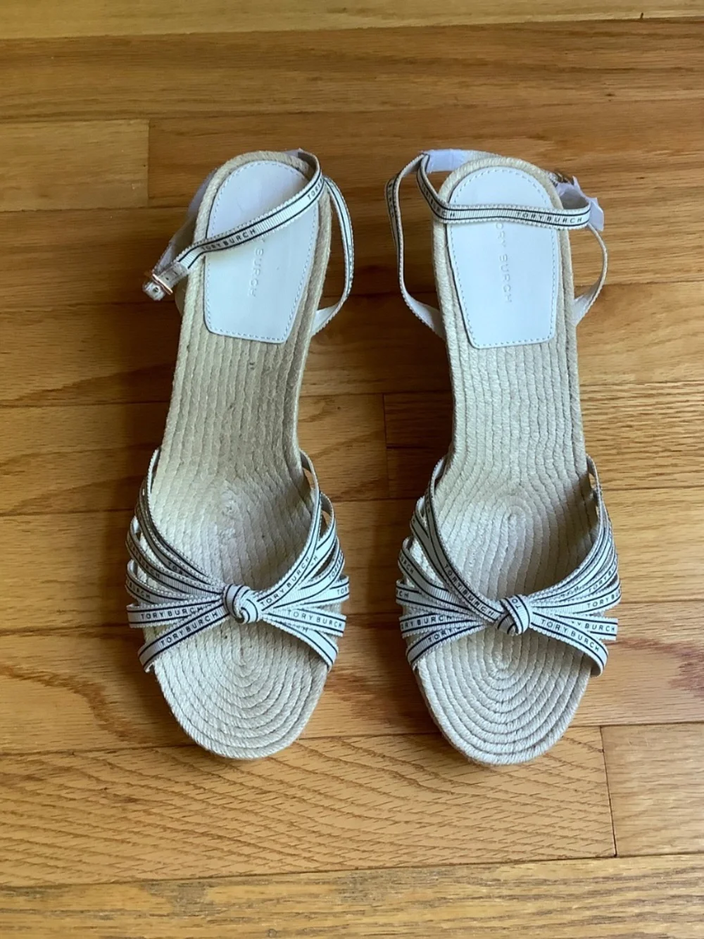 TORY BURCH Tory Ribbon Wedge Espadrille Cream/Black SZ 9.5 NWOT